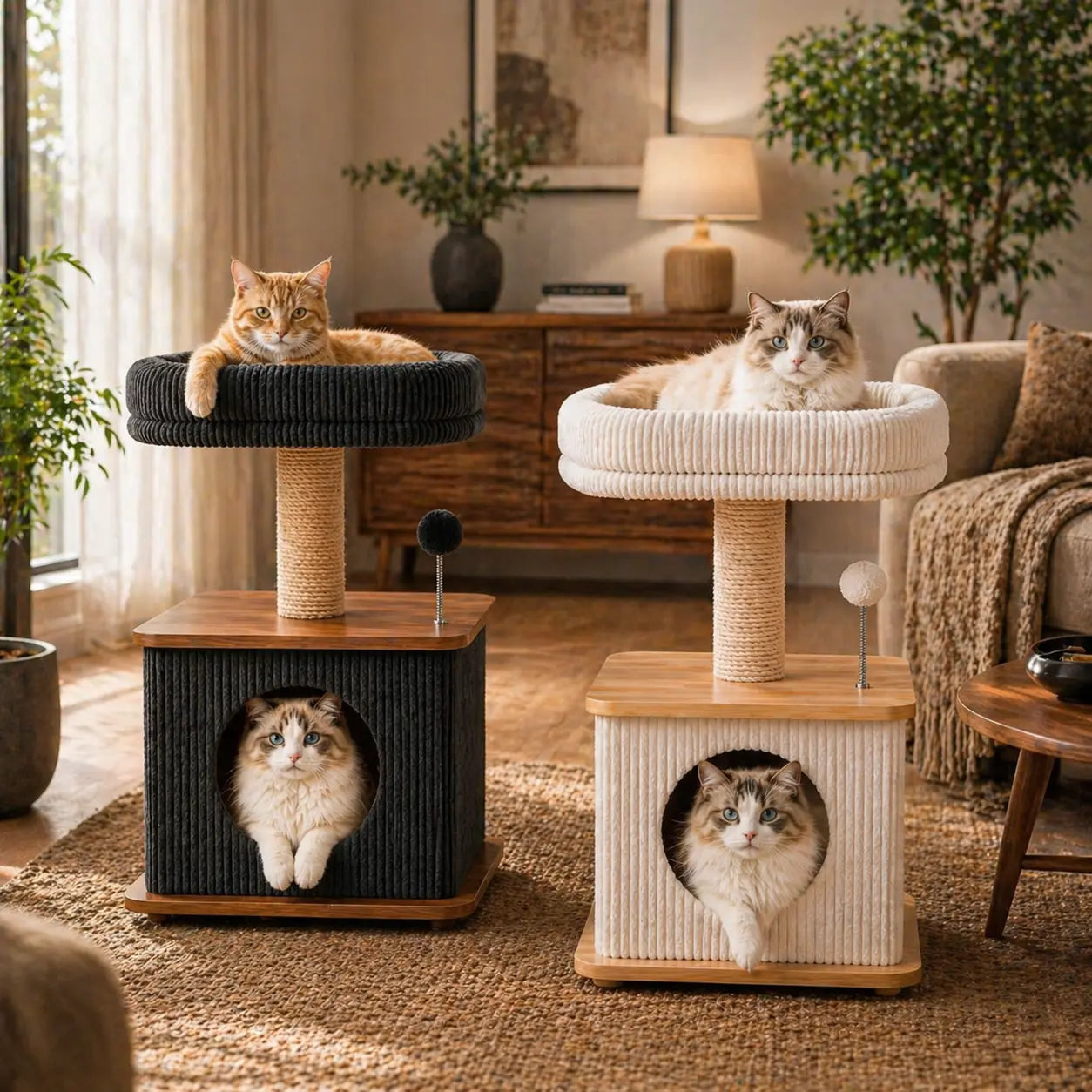 Purrlato Modern Solid Wood Cat Tree - Compact Indoor Cat Tower with Cozy Condo, Full-Wrap Scratching Posts, Plush Perch, and Interactive Toy - Stylish Cat Furniture for Small Spaces and Apartments