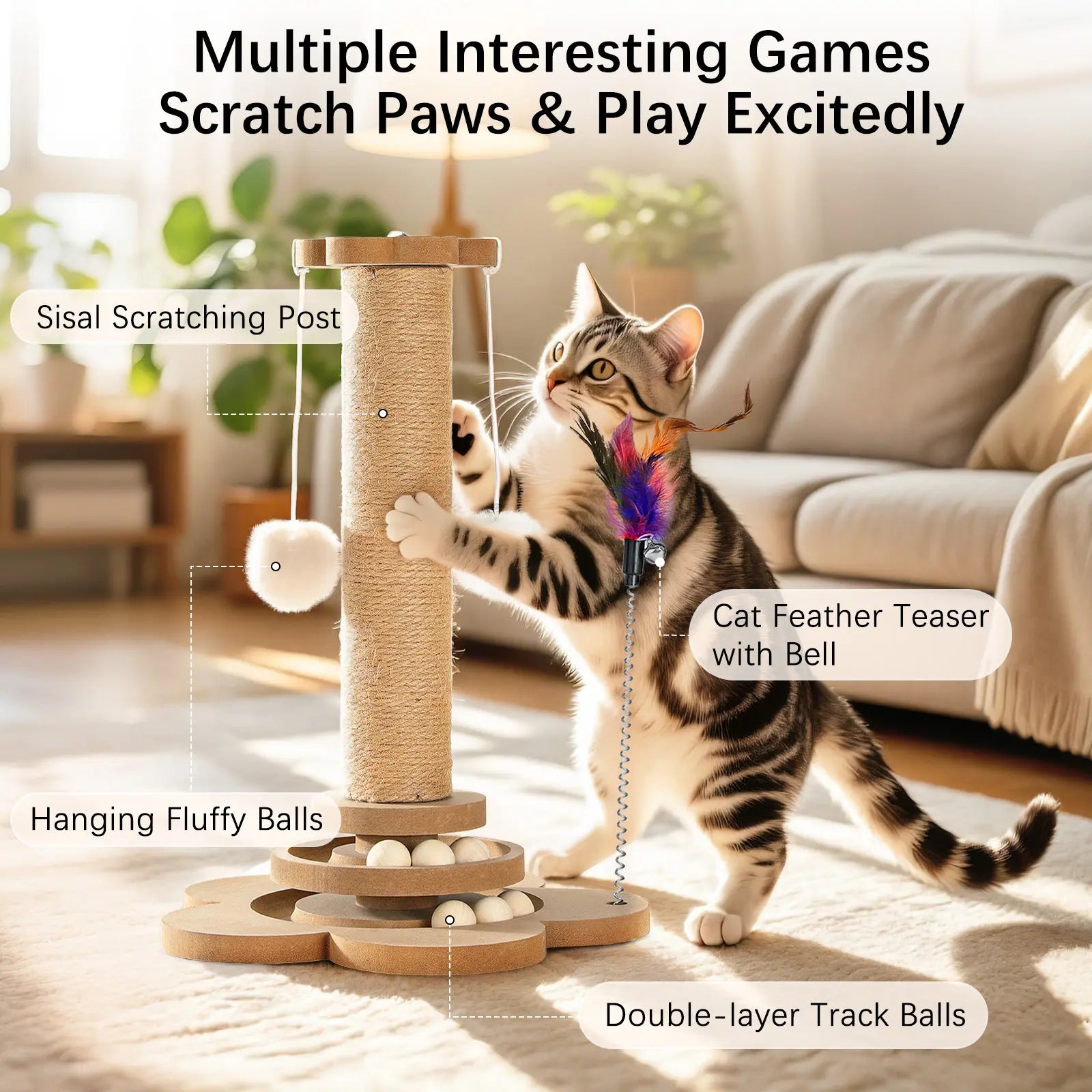 Pawaboo 9.45-Inch Cat Scratching Post and Tree Tower - Sisal Scratch Posts with Hanging Fluffy Balls and Track Balls for Indoor Cats - Wood Furniture Protector and Cat Toys