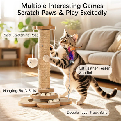 Pawaboo 9.45-Inch Cat Scratching Post and Tree Tower - Sisal Scratch Posts with Hanging Fluffy Balls and Track Balls for Indoor Cats - Wood Furniture Protector and Cat Toys