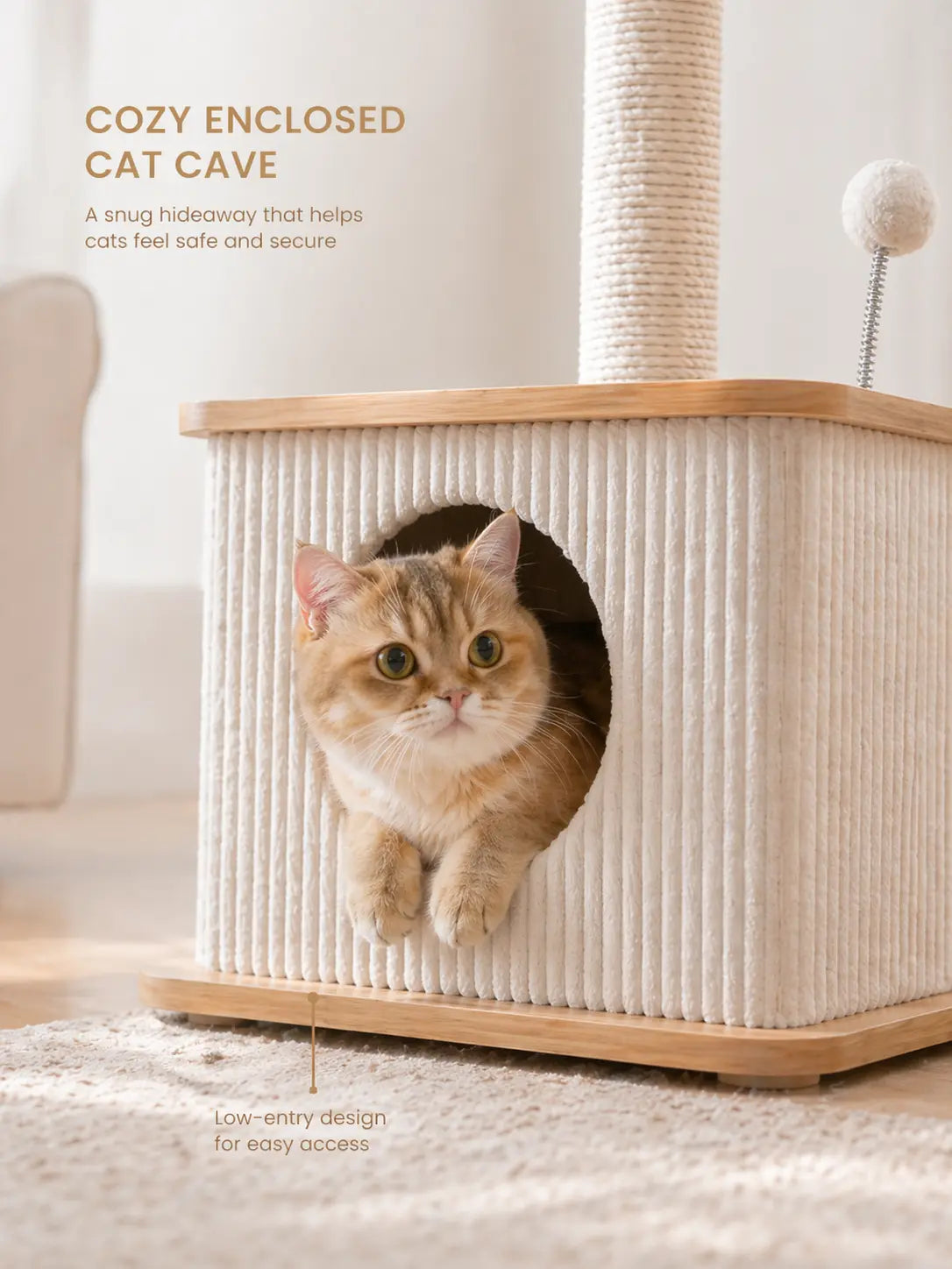 Purrlato Modern Solid Wood Cat Tree - Compact Indoor Cat Tower with Cozy Condo, Full-Wrap Scratching Posts, Plush Perch, and Interactive Toy - Stylish Cat Furniture for Small Spaces and Apartments