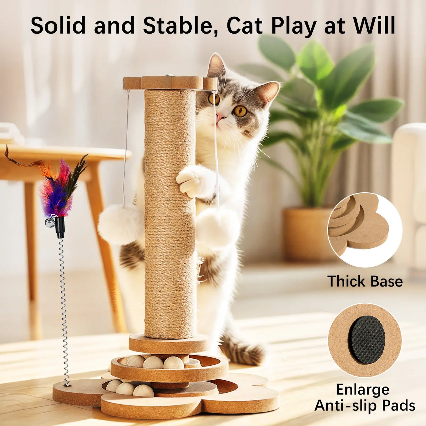 Pawaboo 9.45-Inch Cat Scratching Post and Tree Tower - Sisal Scratch Posts with Hanging Fluffy Balls and Track Balls for Indoor Cats - Wood Furniture Protector and Cat Toys