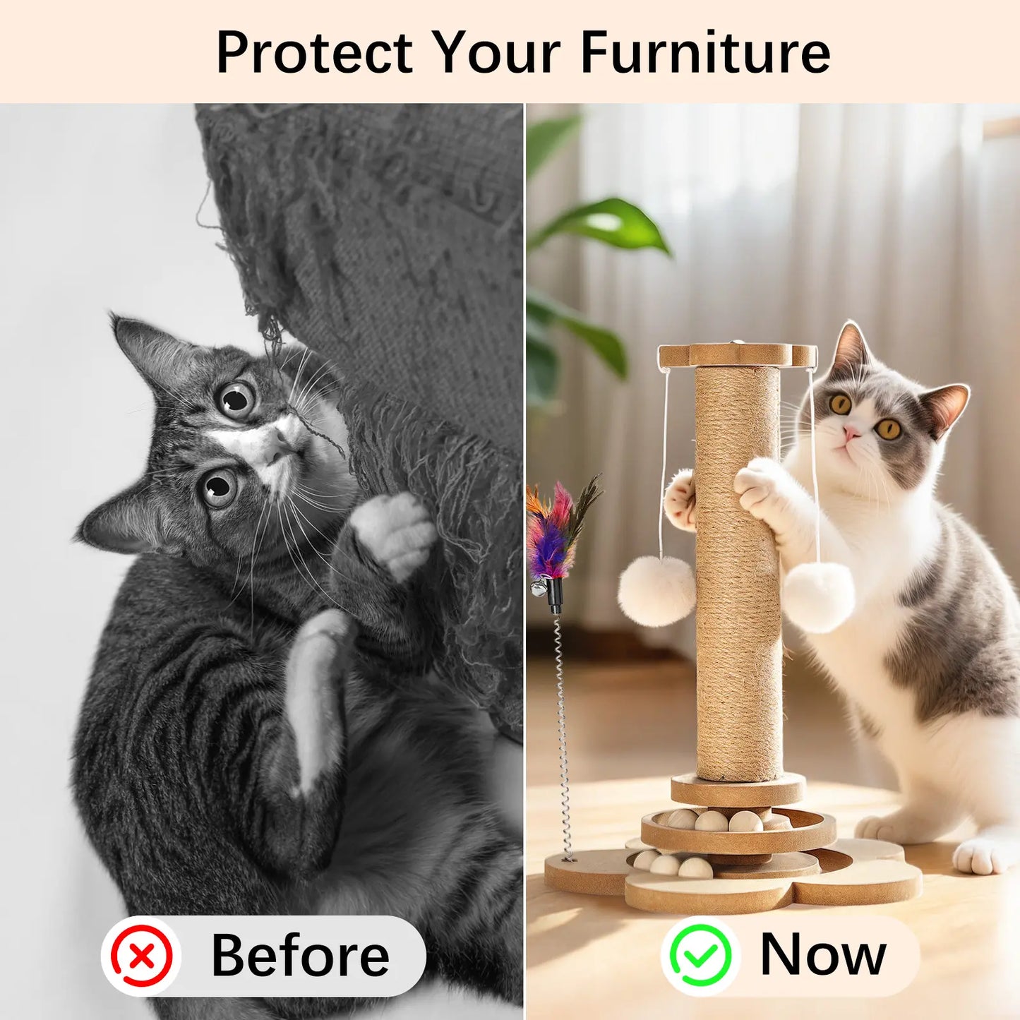 Pawaboo 9.45-Inch Cat Scratching Post and Tree Tower - Sisal Scratch Posts with Hanging Fluffy Balls and Track Balls for Indoor Cats - Wood Furniture Protector and Cat Toys