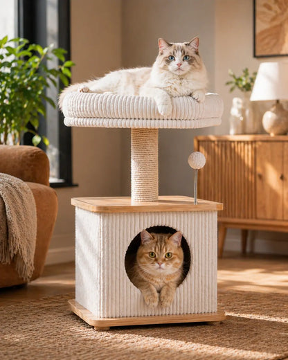 Purrlato Modern Solid Wood Cat Tree - Compact Indoor Cat Tower with Cozy Condo, Full-Wrap Scratching Posts, Plush Perch, and Interactive Toy - Stylish Cat Furniture for Small Spaces and Apartments