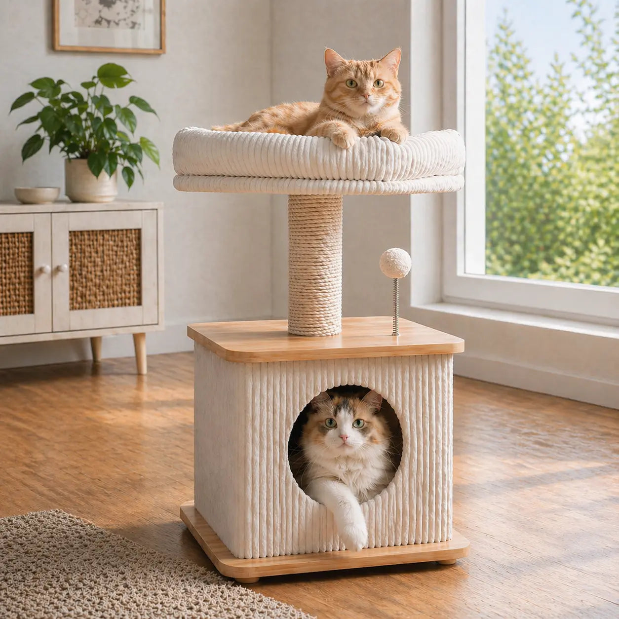 Purrlato Modern Solid Wood Cat Tree - Compact Indoor Cat Tower with Cozy Condo, Full-Wrap Scratching Posts, Plush Perch, and Interactive Toy - Stylish Cat Furniture for Small Spaces and Apartments