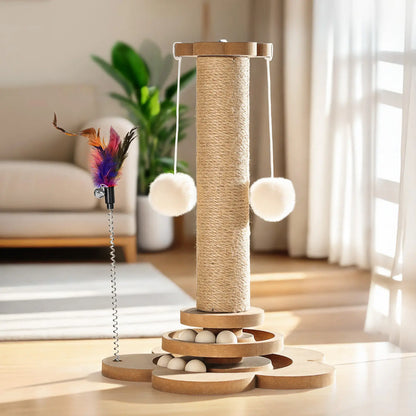 Pawaboo 9.45-Inch Cat Scratching Post and Tree Tower - Sisal Scratch Posts with Hanging Fluffy Balls and Track Balls for Indoor Cats - Wood Furniture Protector and Cat Toys