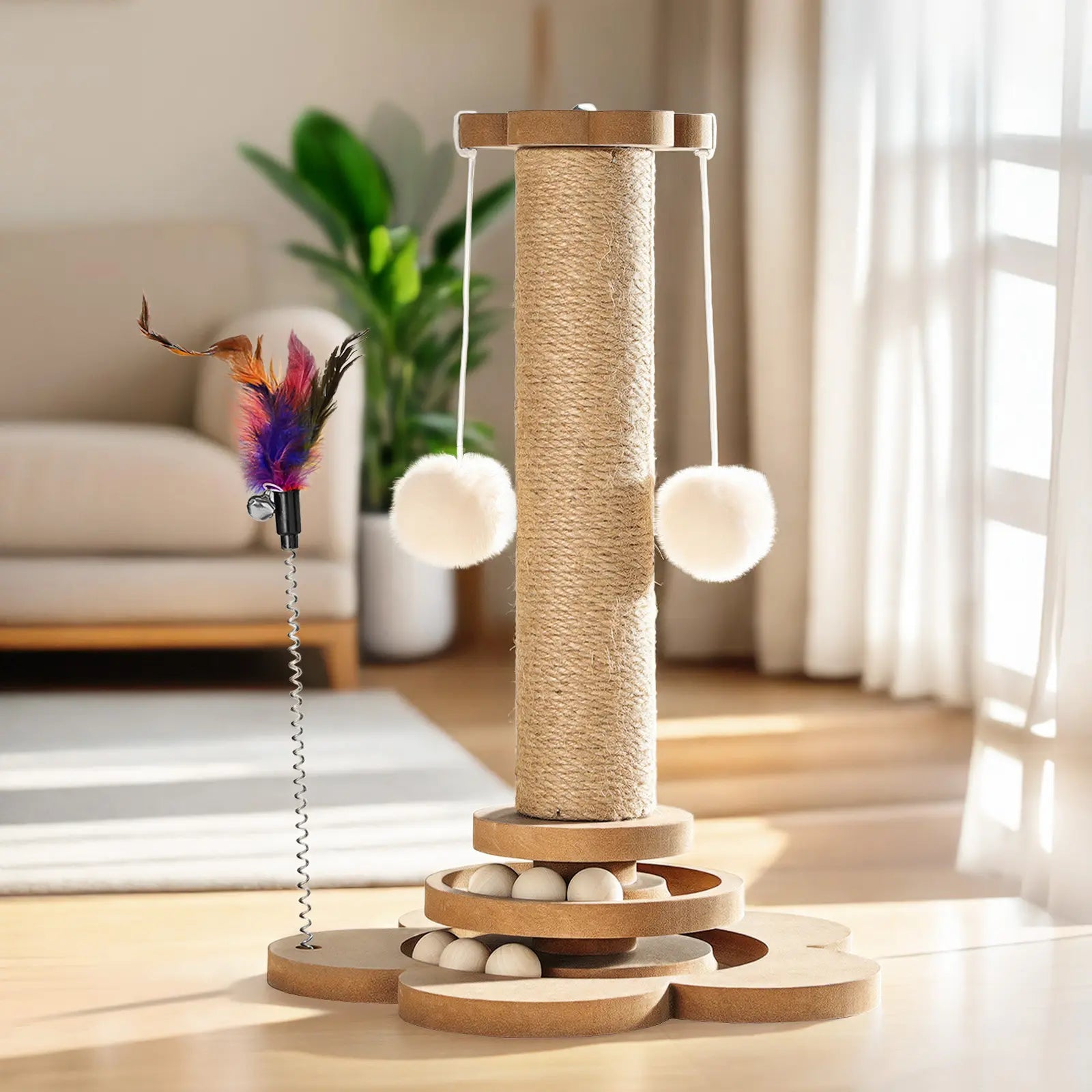 Pawaboo 9.45-Inch Cat Scratching Post and Tree Tower - Sisal Scratch Posts with Hanging Fluffy Balls and Track Balls for Indoor Cats - Wood Furniture Protector and Cat Toys