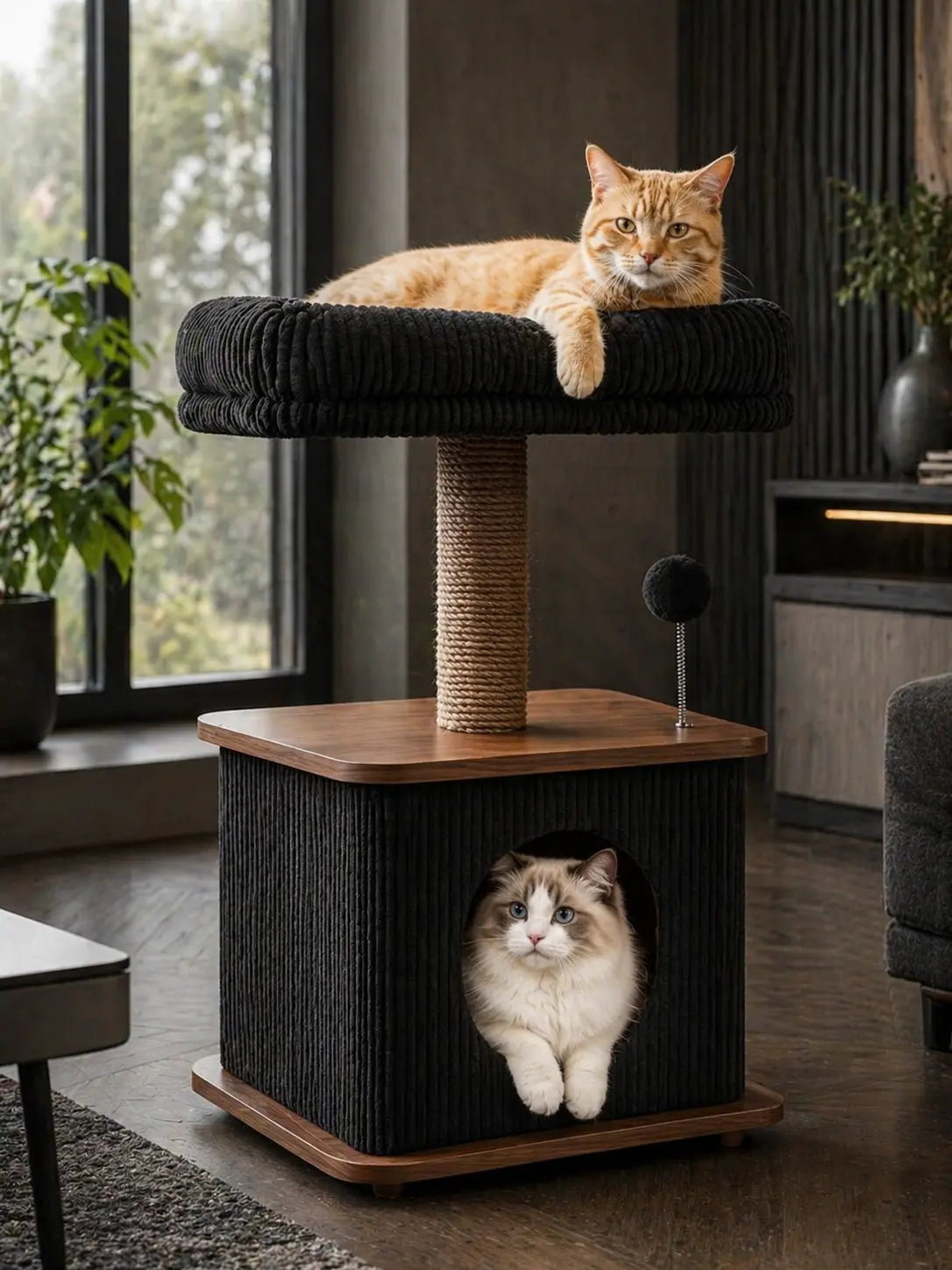 Purrlato Modern Solid Wood Cat Tree - Compact Indoor Cat Tower with Cozy Condo, Full-Wrap Scratching Posts, Plush Perch, and Interactive Toy - Stylish Cat Furniture for Small Spaces and Apartments