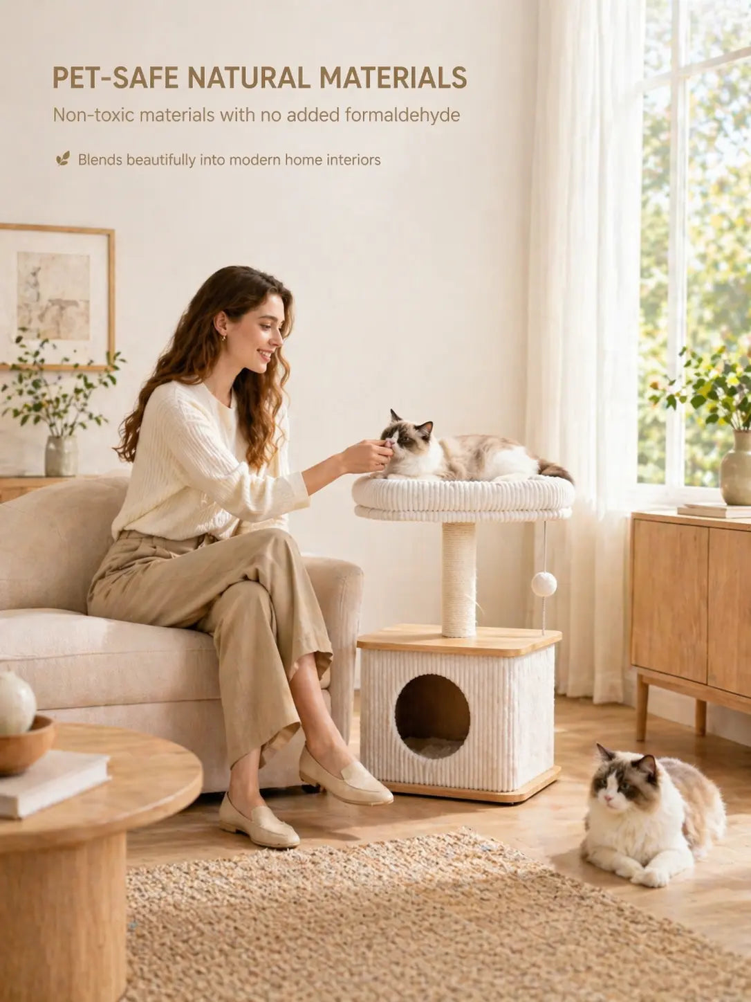 Purrlato Modern Solid Wood Cat Tree - Compact Indoor Cat Tower with Cozy Condo, Full-Wrap Scratching Posts, Plush Perch, and Interactive Toy - Stylish Cat Furniture for Small Spaces and Apartments