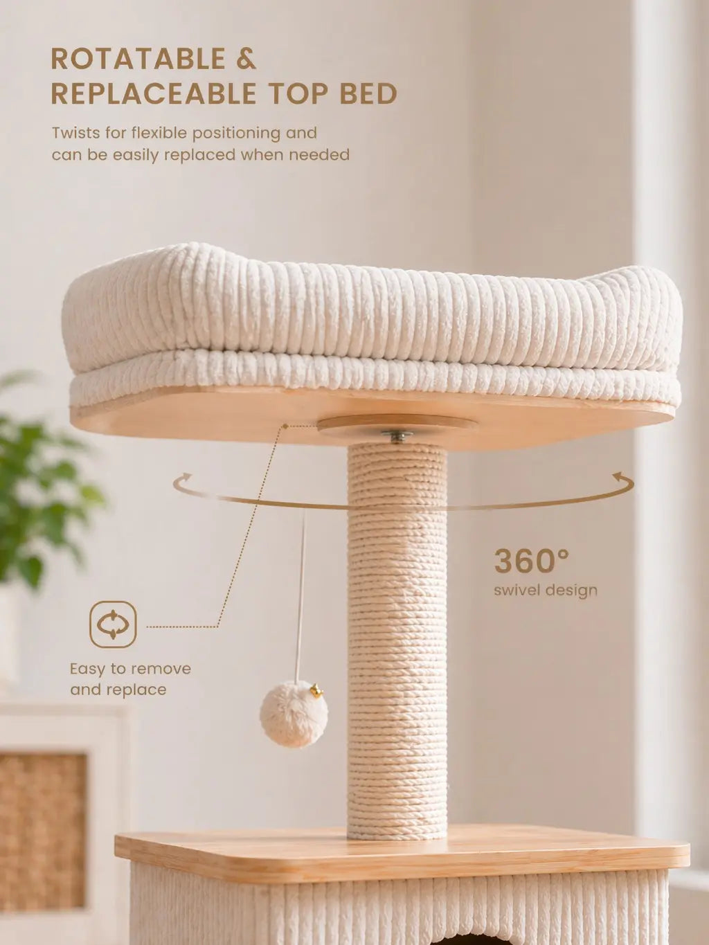 Purrlato Modern Solid Wood Cat Tree - Compact Indoor Cat Tower with Cozy Condo, Full-Wrap Scratching Posts, Plush Perch, and Interactive Toy - Stylish Cat Furniture for Small Spaces and Apartments