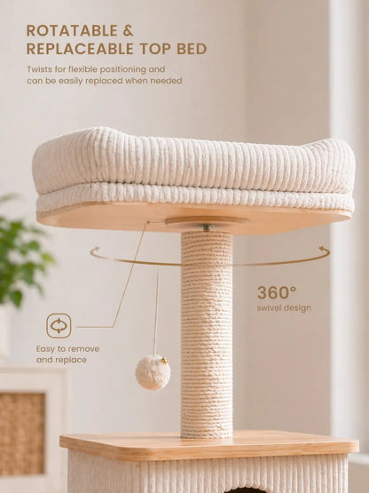 Purrlato Modern Solid Wood Cat Tree - Compact Indoor Cat Tower with Cozy Condo, Full-Wrap Scratching Posts, Plush Perch, and Interactive Toy - Stylish Cat Furniture for Small Spaces and Apartments