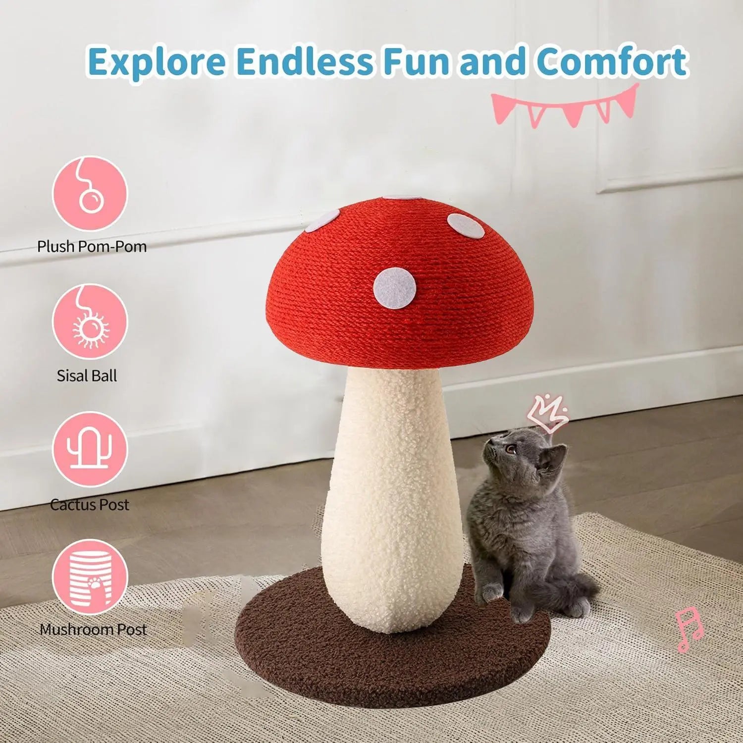 Extra-Large Mushroom-Shaped Cat Tree with Sisal Scratching Post for Indoor Cats - Natural Home Decor