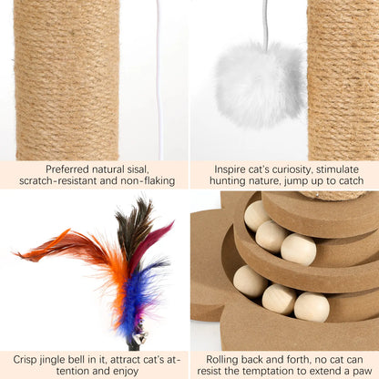Pawaboo 9.45-Inch Cat Scratching Post and Tree Tower - Sisal Scratch Posts with Hanging Fluffy Balls and Track Balls for Indoor Cats - Wood Furniture Protector and Cat Toys