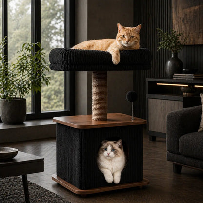 Purrlato Modern Solid Wood Cat Tree - Compact Indoor Cat Tower with Cozy Condo, Full-Wrap Scratching Posts, Plush Perch, and Interactive Toy - Stylish Cat Furniture for Small Spaces and Apartments